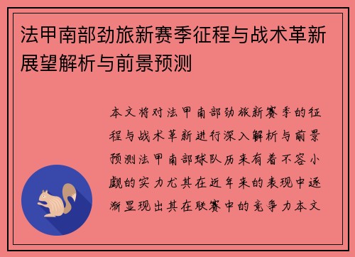 法甲南部劲旅新赛季征程与战术革新展望解析与前景预测