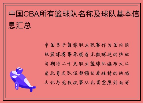 中国CBA所有篮球队名称及球队基本信息汇总
